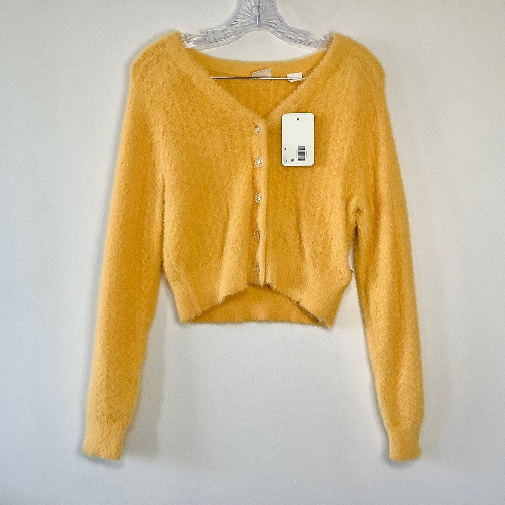 Levi’s Fuzzy Fluffy Mohair-like V Neck Cropped Cardigan Bright Yellow